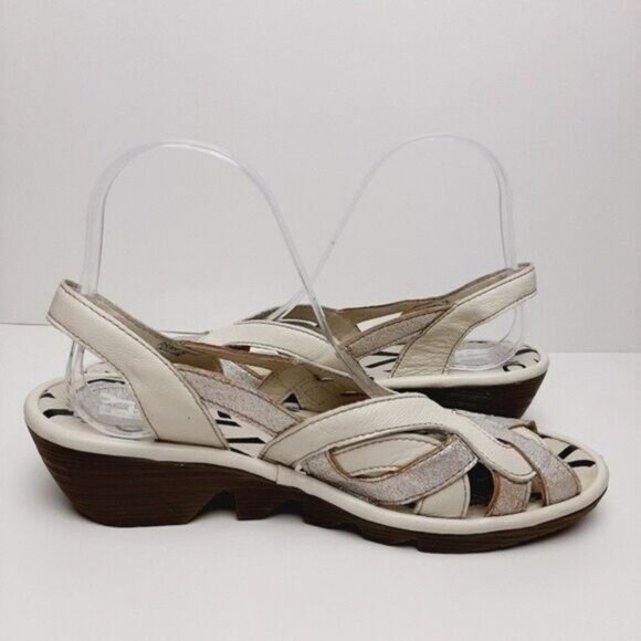 FLY LONDON Strappy Wedge Sandals Slingbacks White & Silver Sz 7.5 - Picture 10 of 15